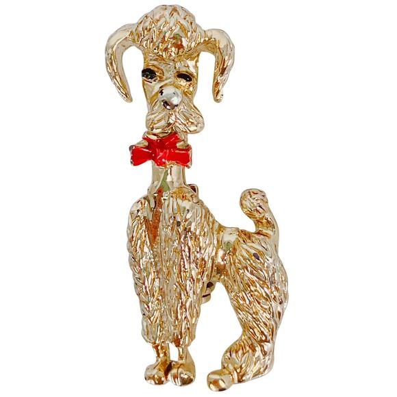 VTG Mid Century Poodle Dog Brooch Enamel Bow 1950s Novelty Figural Gold Tone Pin - Picture 1 of 8